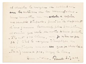 SIGNAC, PAUL. Group of 4 Autograph Letters Signed, in full or P. Signac, to My dear friend or Sir or Dear Madam or Dear Sir,